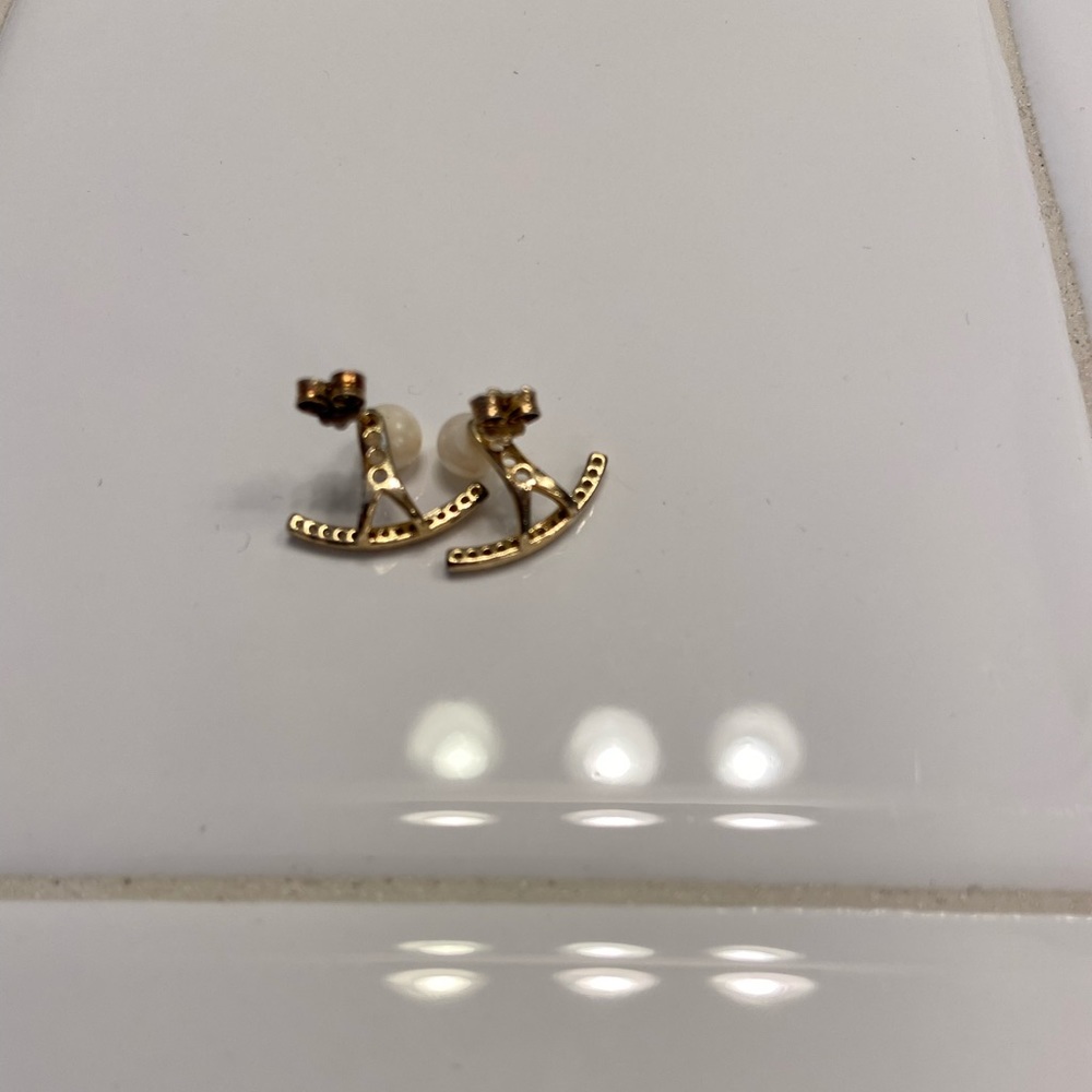 Gold Vermeil Pearl Earrings with Crystal Ear Jackets - Picture 4 of 5